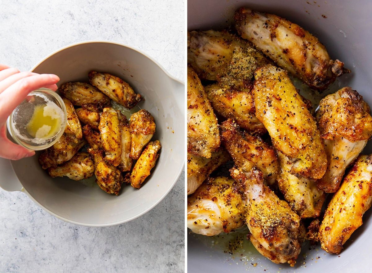 Tossing cooked chicken in butter and seasonings before serving.