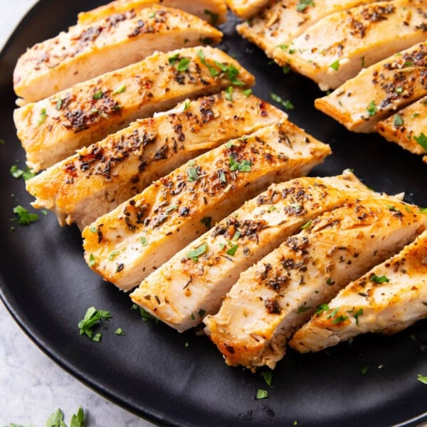 Plate of sliced pan seared chicken breast