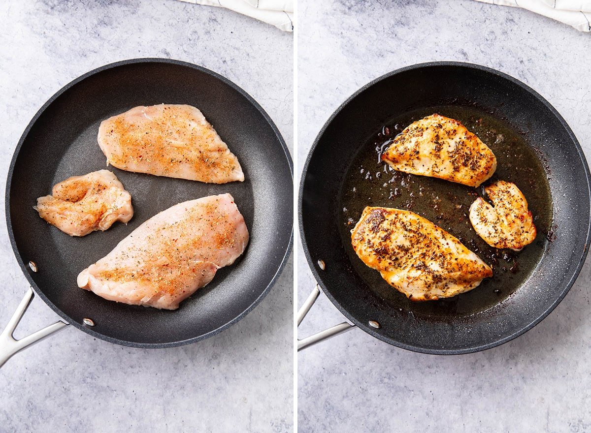 Two photos showing how long to pan sear chicken breast - before and after cooking until juicy