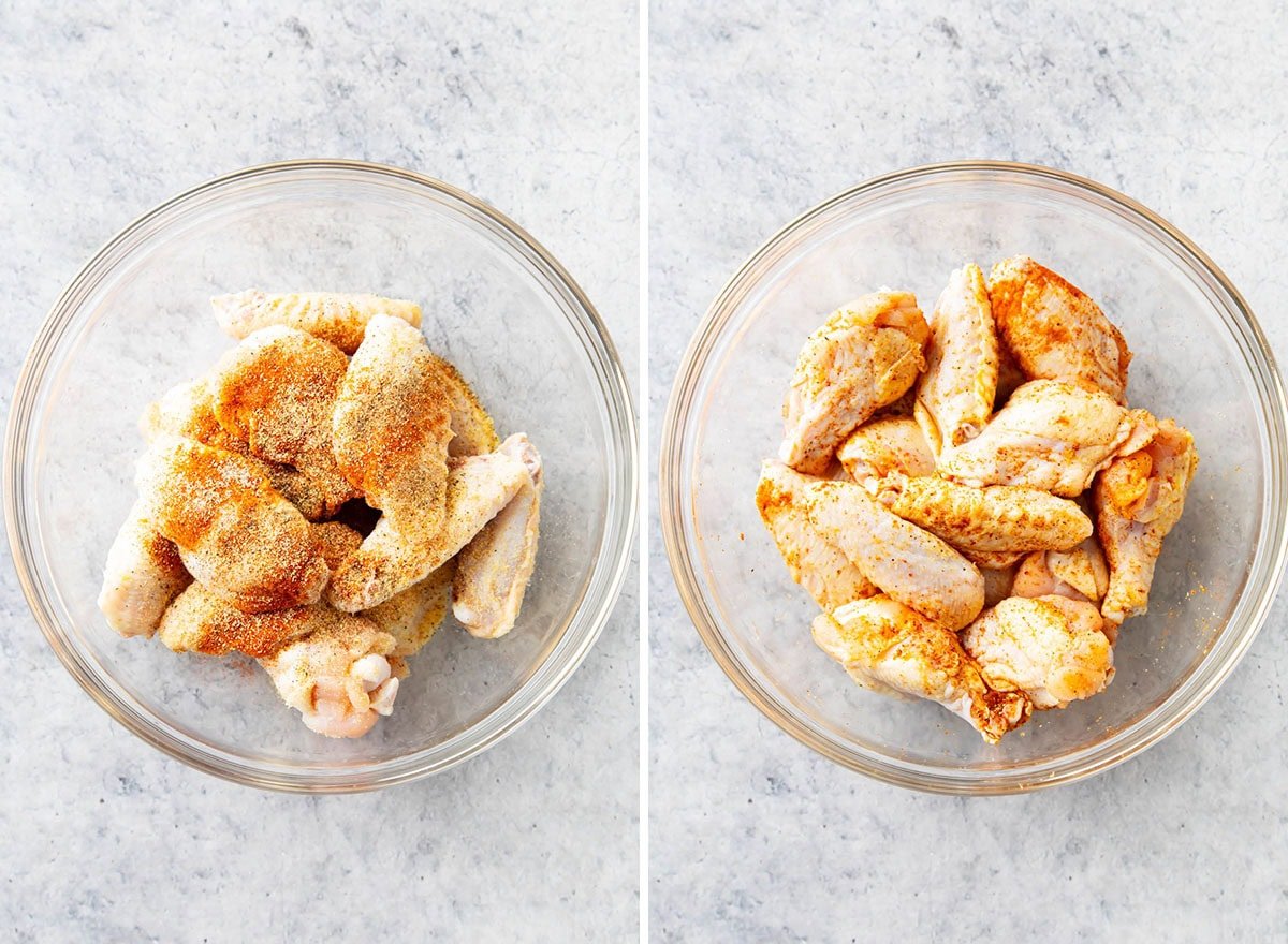 Two photos showing How to Make Air Fryer Buffalo Wings - adding seasoning to wings and tossing to coat