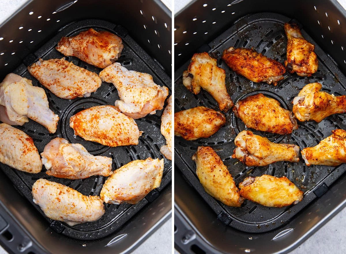 Two photos showing how to make this chicken appetizer recipe - before and after cooking in the air fryer