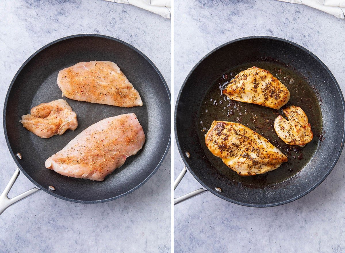 Two photos showing How to Make Chicken Fettuccine Alfredo - cooking the chicken in a skillet create a base of seasoning to make the Alfredo sauce more flavorful.