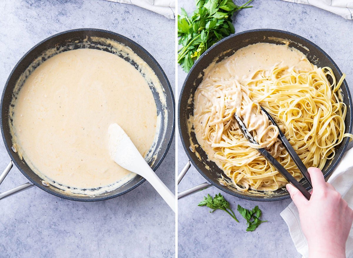 Cooking the creamy, thick sauce and tossing with perfectly cooked pasta to coat