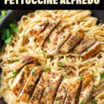 Amazing Chicken Fettuccine Alfredo Recipe short Pinterest image.