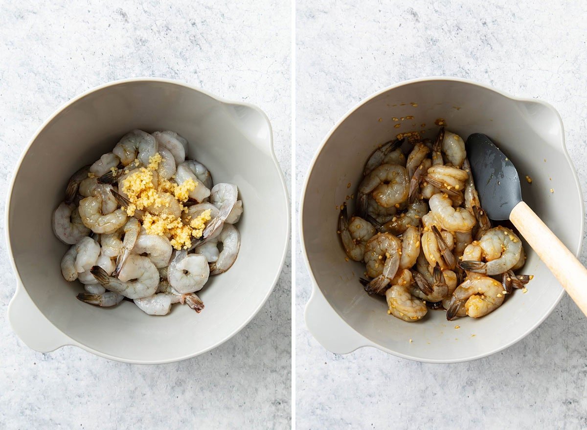 Two photos showing How to Make Asian Garlic Shrimp - stirring shrimp in a quick marinade of soy sauce, garlic, and garlic salt.