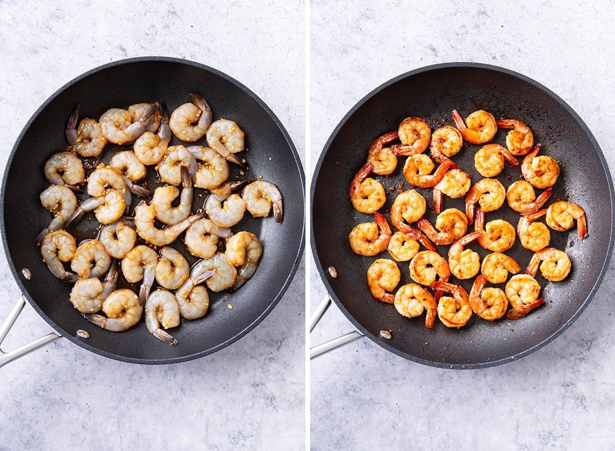 One photo of raw shrimp in a large skillet and a second photo of cooked shrimp in the same skillet