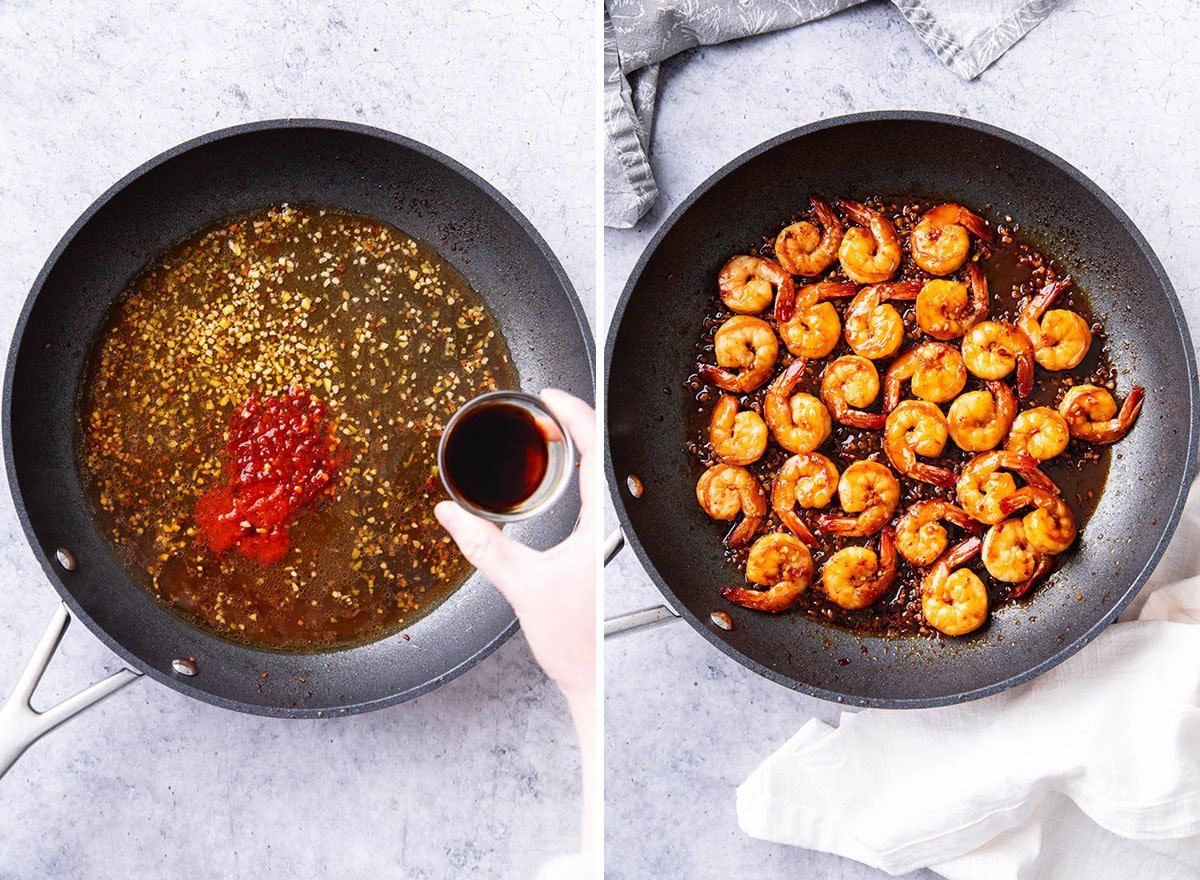 Two photos showing How to Make Asian Garlic Shrimp - cooking the sauce and adding in the shrimp to cook fully.