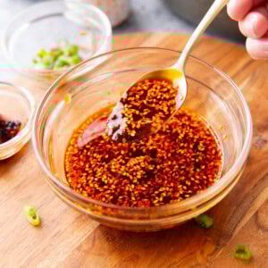 Someone spooning this dumpling sauce from a serving bowl with chili oil and scallions in the background.