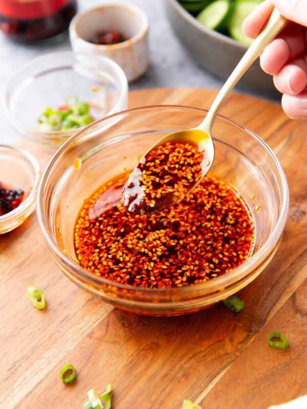 Someone spooning this dumpling sauce from a serving bowl with chili oil and scallions in the background.