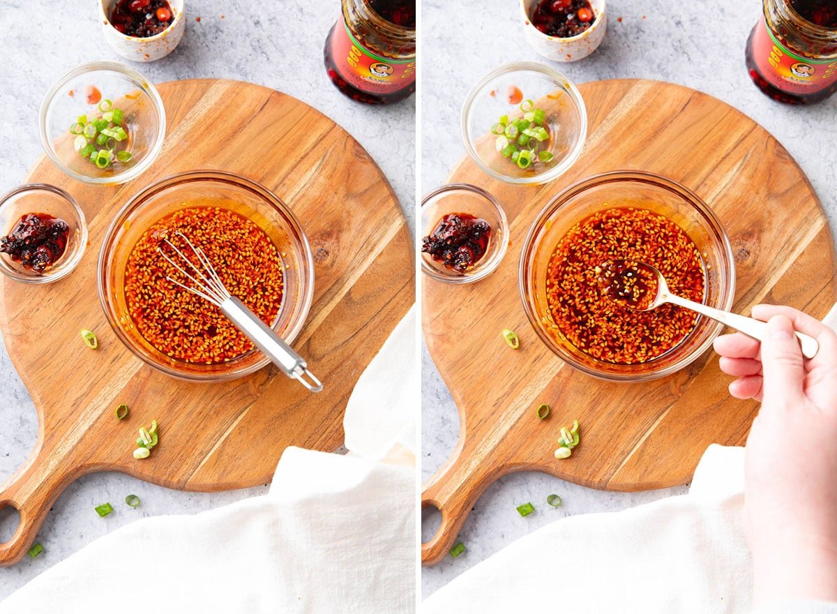 Two photos showing How to Make Dumpling Sauce - whisking garlic, rice vinegar, chili oil, soy sauce, sugar, sambal oelek chili sauce, toasted sesame oil, and sesame seeds together.