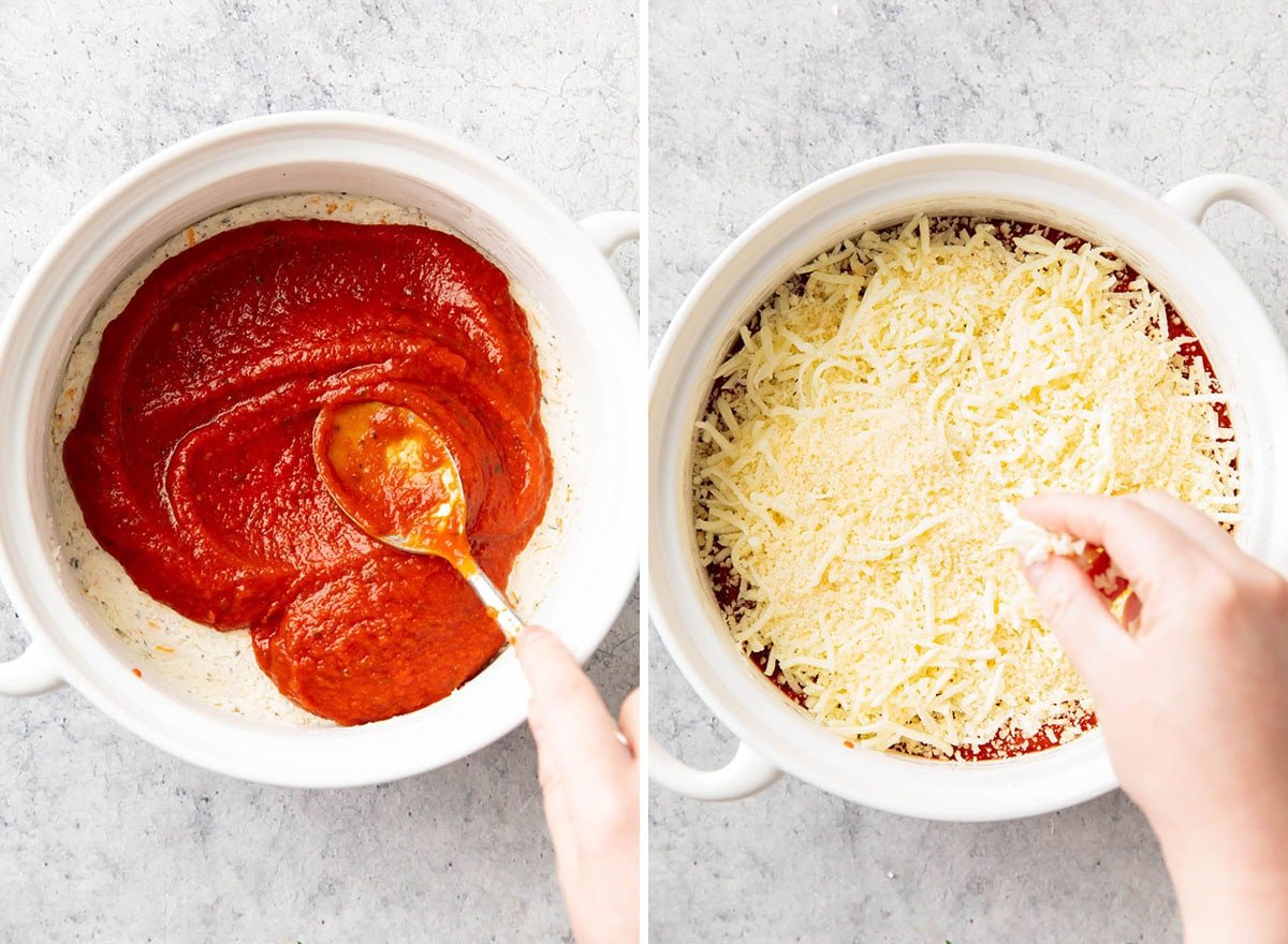 Spreading marinara sauce over the cream cheese layer, then sprinkling with cheese.