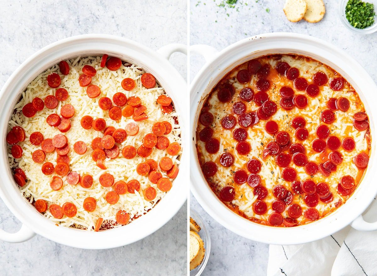 Before and after baking in the oven photos of this pizza dip recipe.