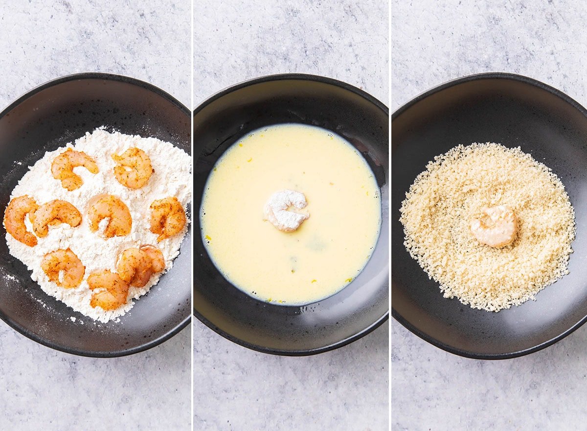 Three photos showing How to Make Popcorn Shrimp - coating in seasoned flour, egg wash, and breadcrumbs.