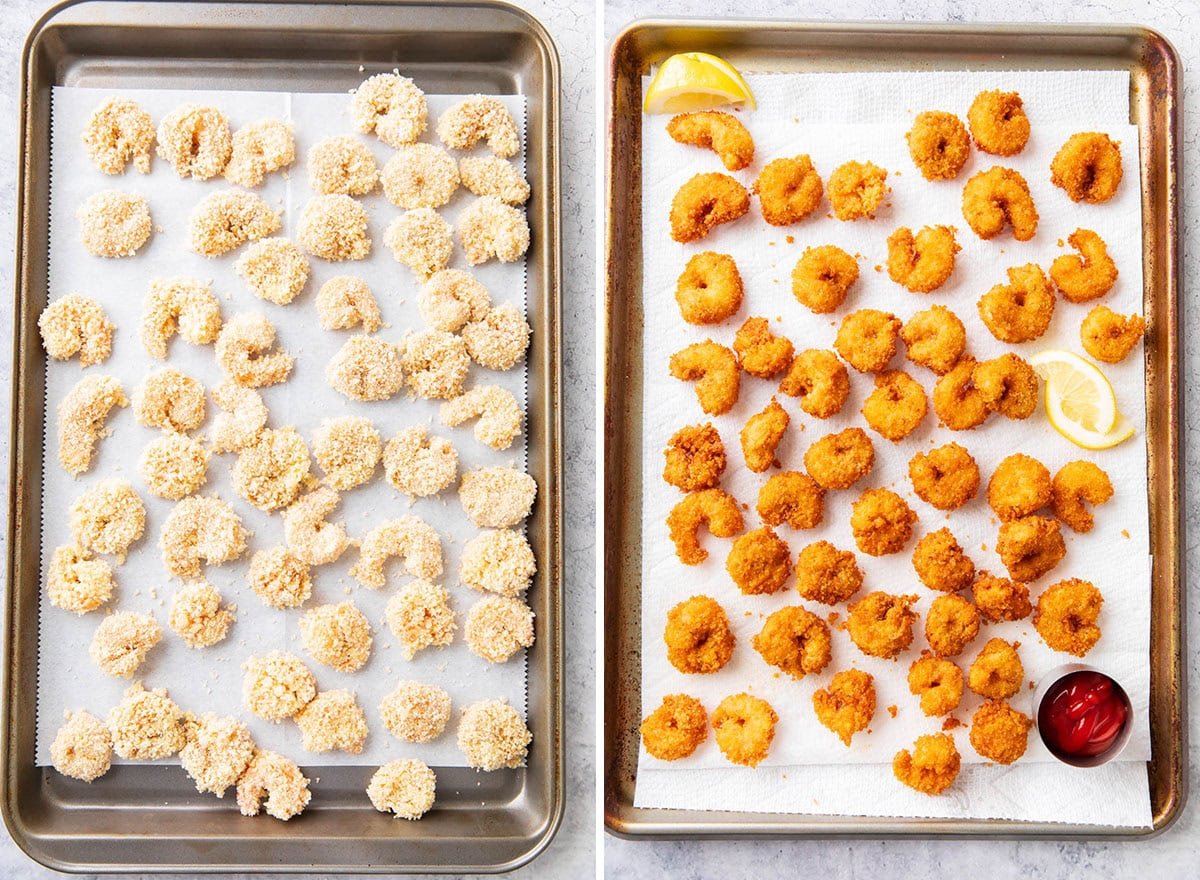 Before and after frying - Fully breaded raw shrimp on a pan, then completely fried popcorn shrimp on another pan.