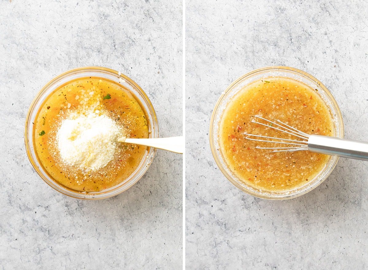 Whisking the ingredients together to make salad dressing for this tortellini pasta salad recipe - Italian dressing, parmesan, garlic, and honey.