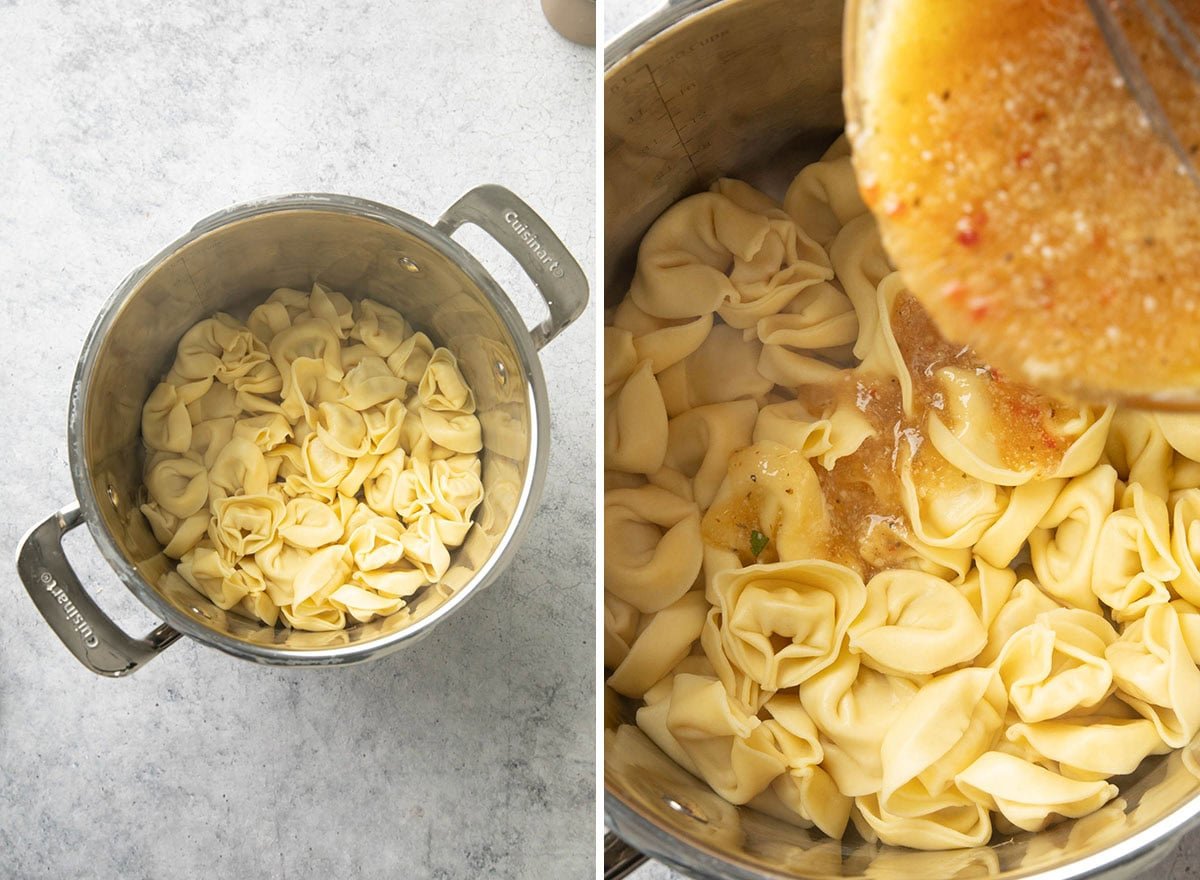 Two photos showing How to Make Tortellini Pasta Salad - pouring dressing over cooked cheese tortellini in a pasta pot.