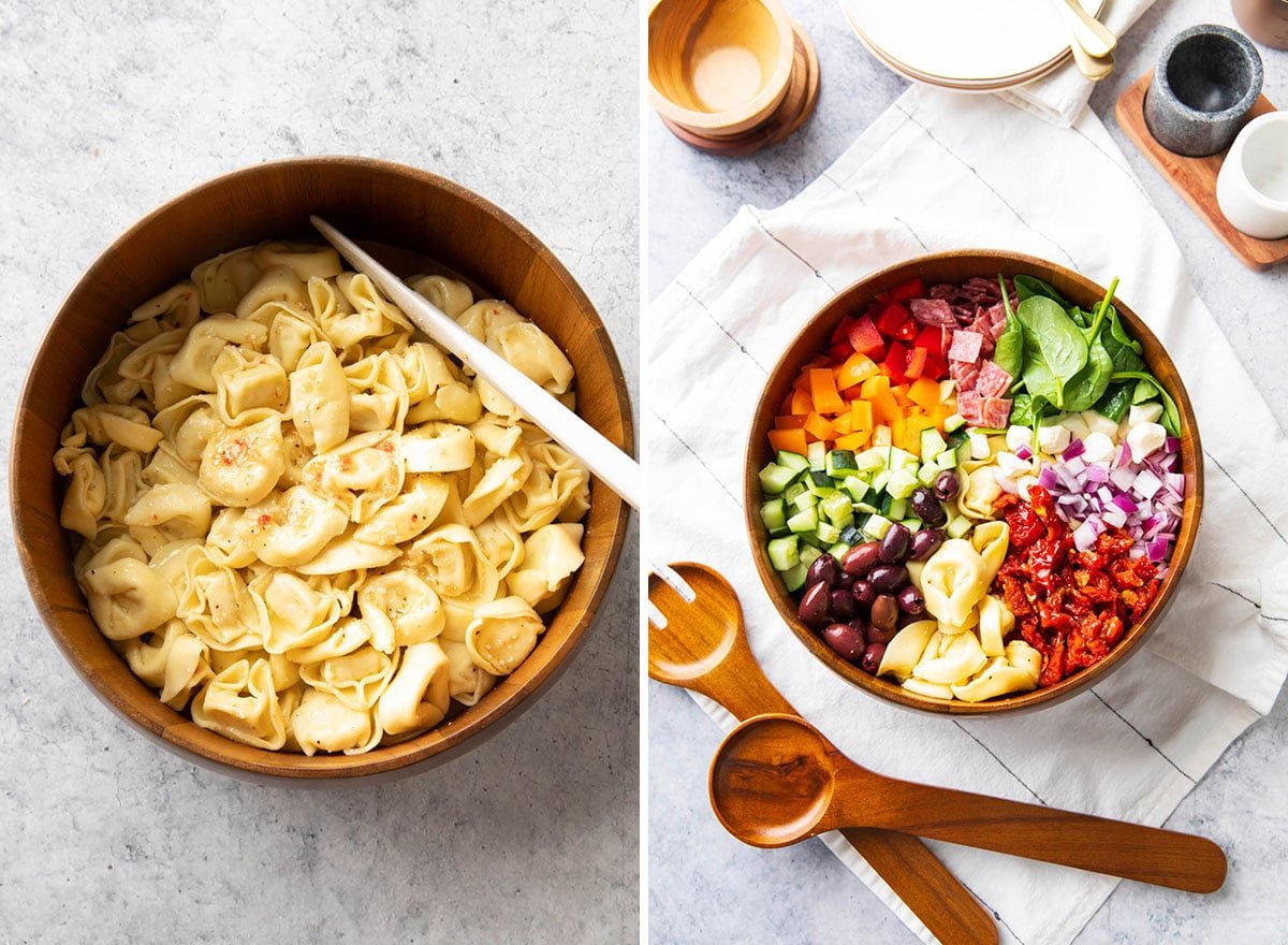 Tortellini in a salad bowl, then with bell peppers, olives, spinach, salami, Mozzarella, and cucumbers with salad tongs.