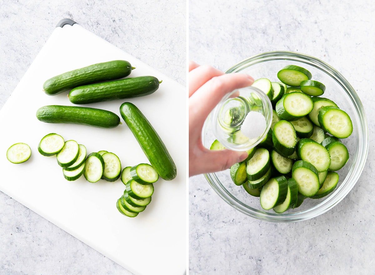 Slicing cucumbers on a cutting board and tossing cucumbers with salt in a mixing bowl.