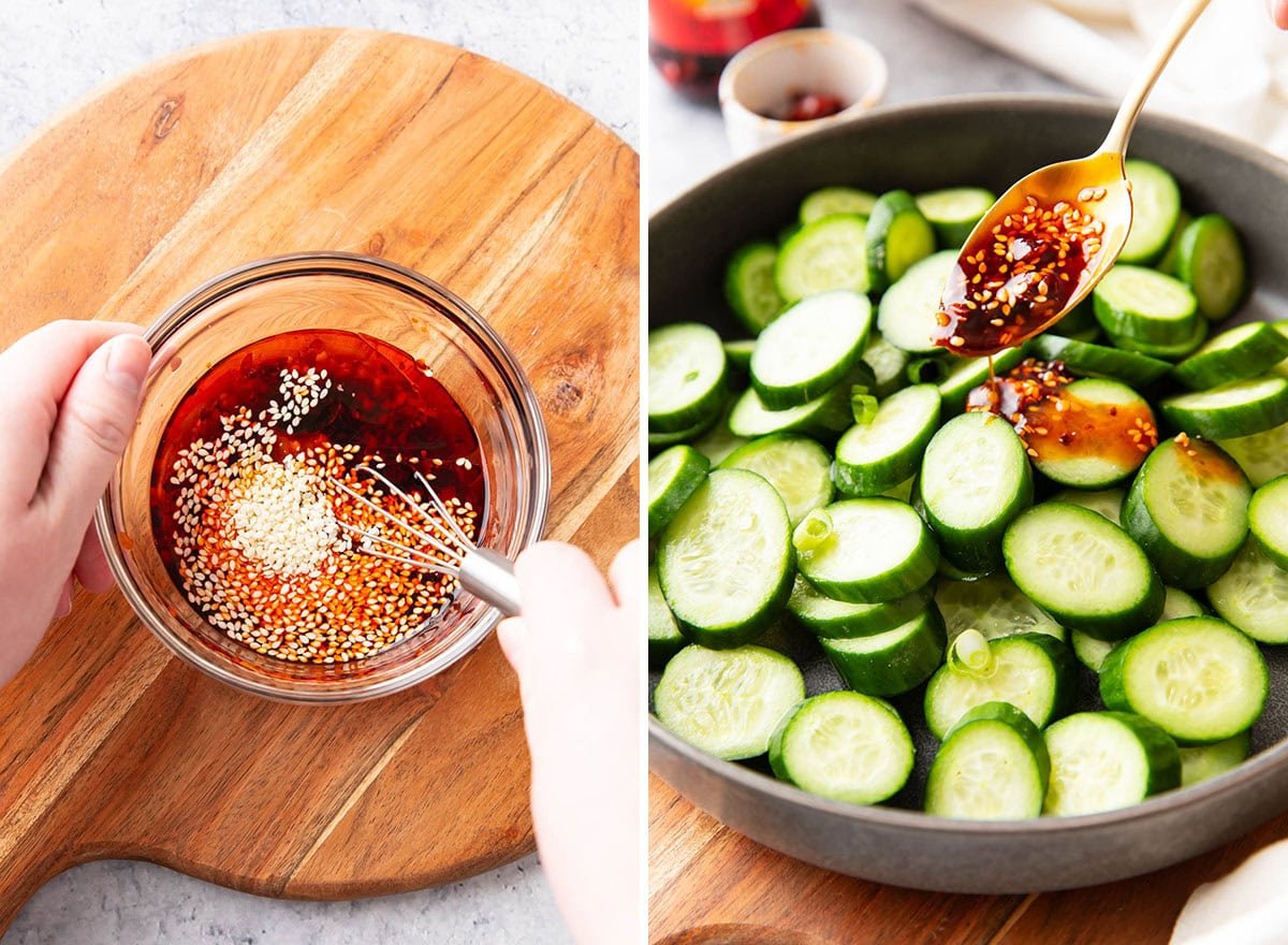 Someone whisking salad dressing ingredients in a bowl, then using a spoon to drizzle over the cucumbers in a salad bowl.
