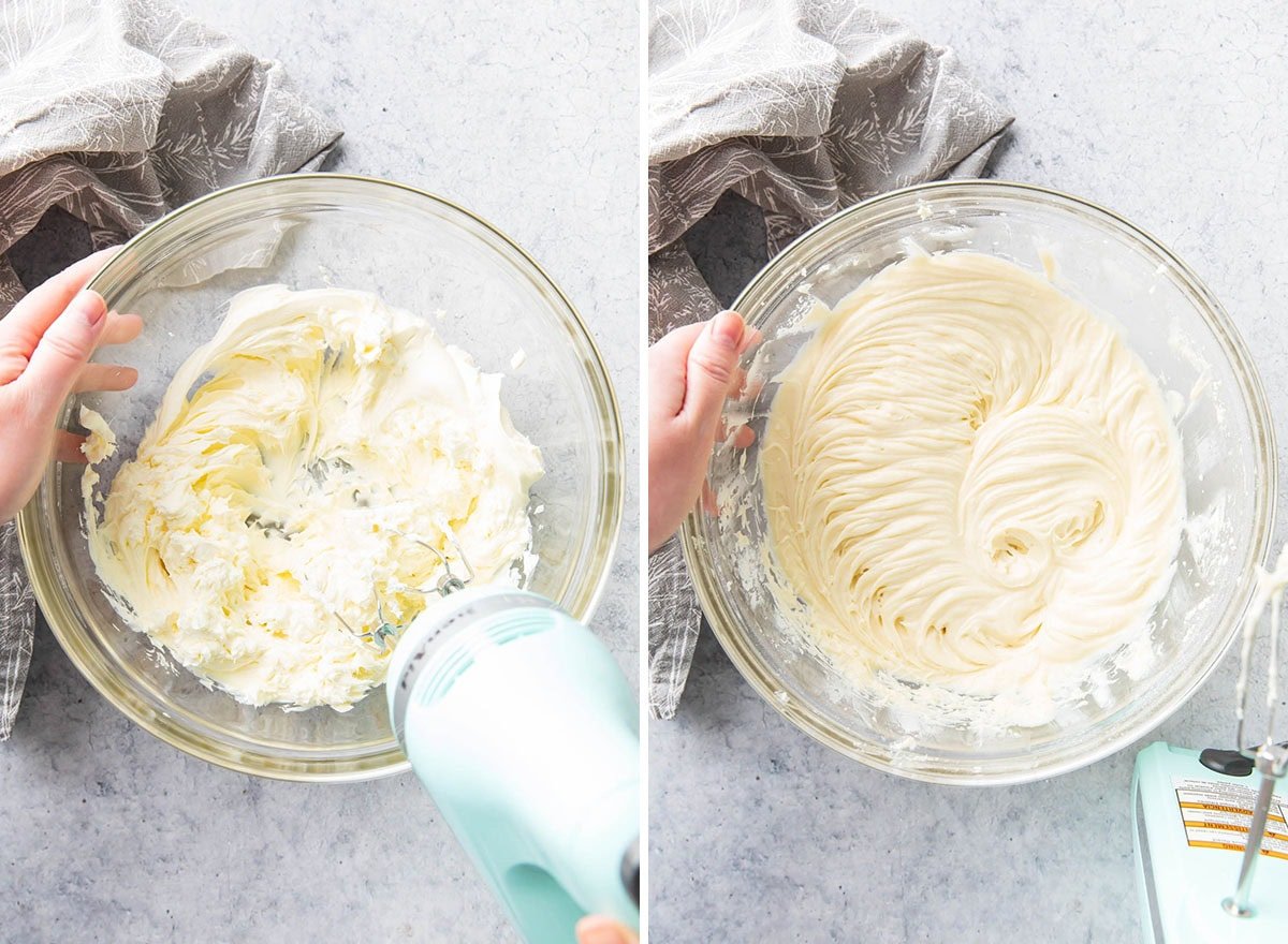Two photos showing How to Make Cannoli Dip - using a hand mixer to beat together mascarpone, cream cheese, vanilla, and cinnamon.