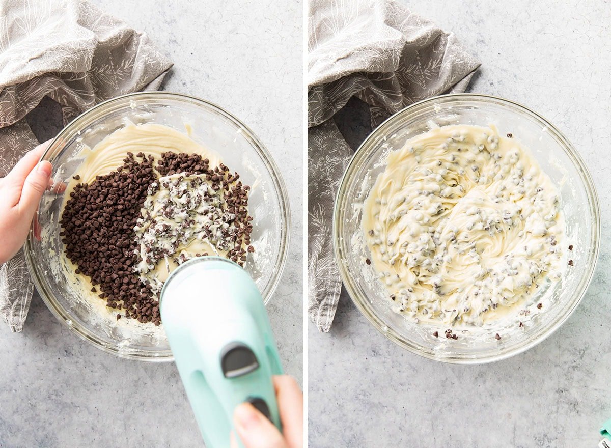 Someone using a hand mixer to beat chocolate chips into the sweet dessert mixture.