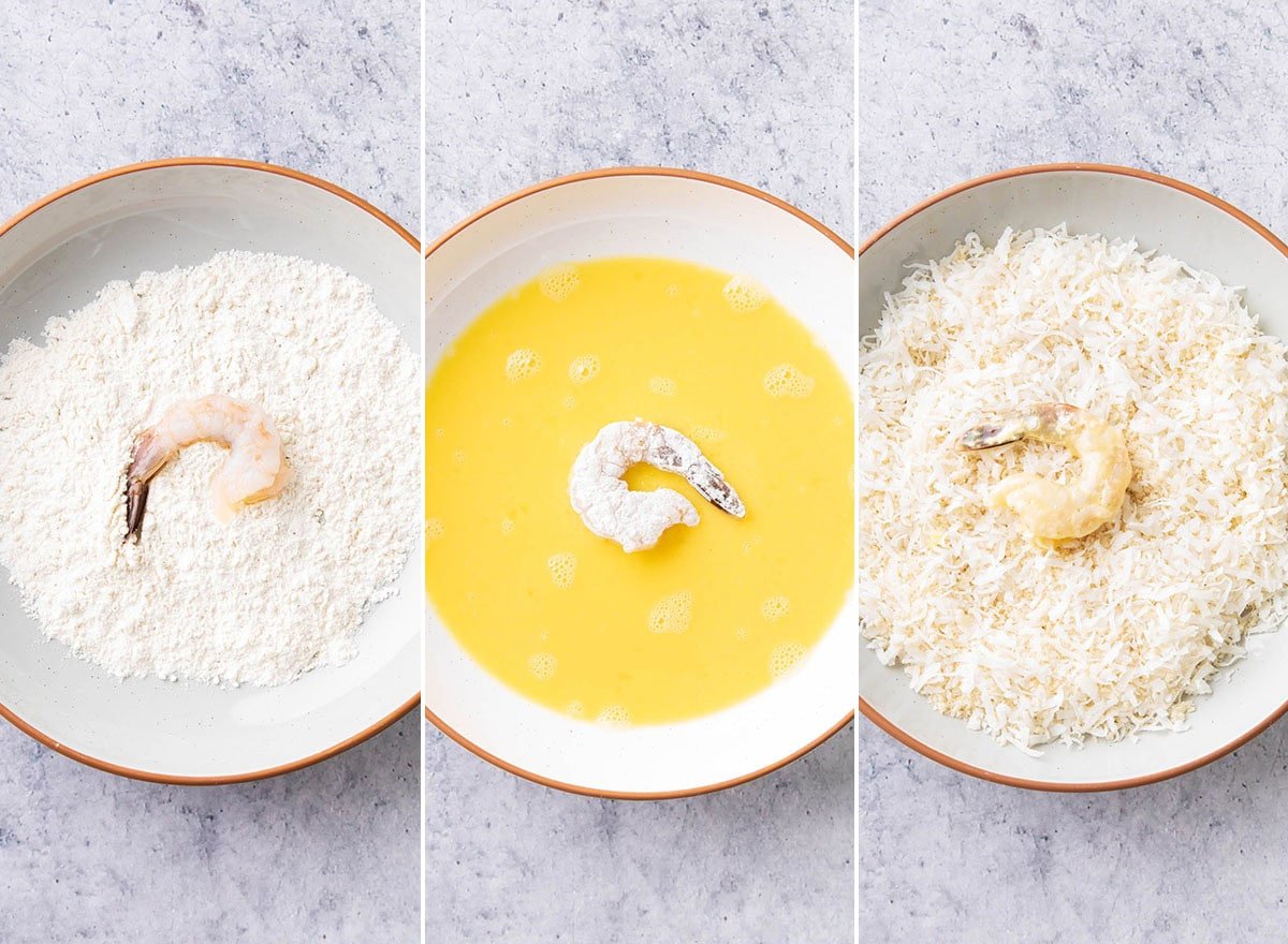 Three photos showing How to Make Coconut Shrimp - coating shrimp in flour, egg wash, and coconut breadcrumb coating.