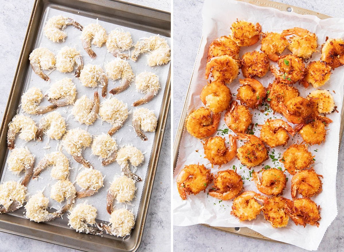 Before and after photos of this seafood appetizer being fried.