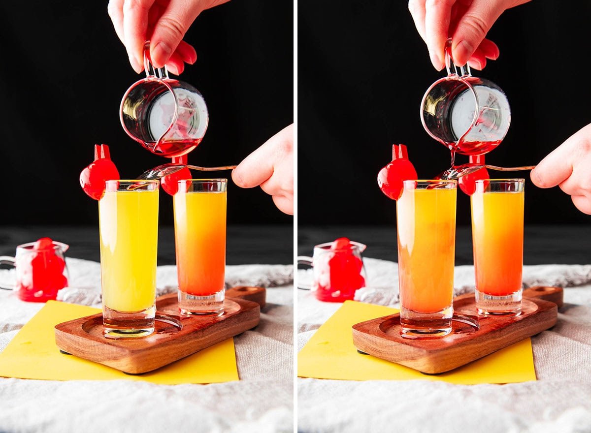 Two photos showing how to make Pineapple upside down cake shots - funneling grenadine over the back of a spoon into the pineapple juice and whipped cream vodka layers in the shot glass.