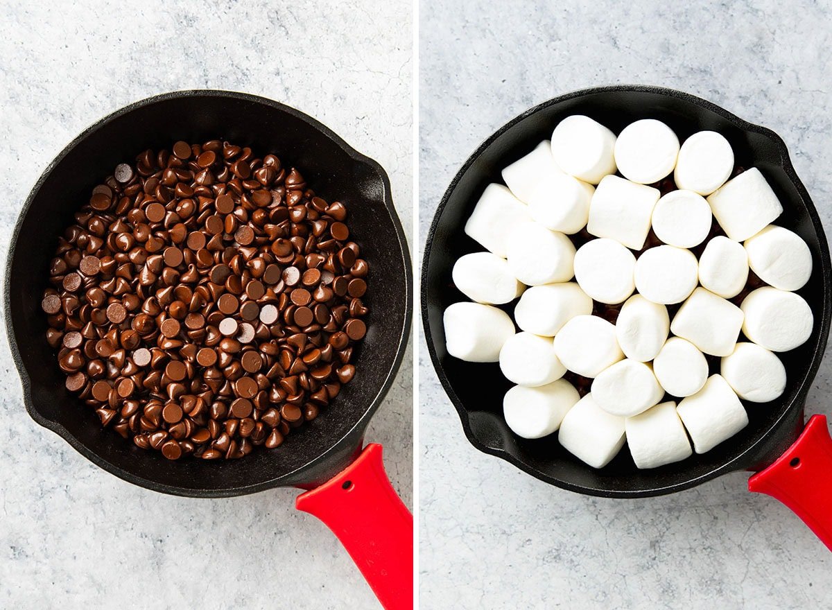 Two photos showing How to Make S'Mores Dip - melting chocolate chips on the bottom of the skillet and adding marshmallows on top before baking
