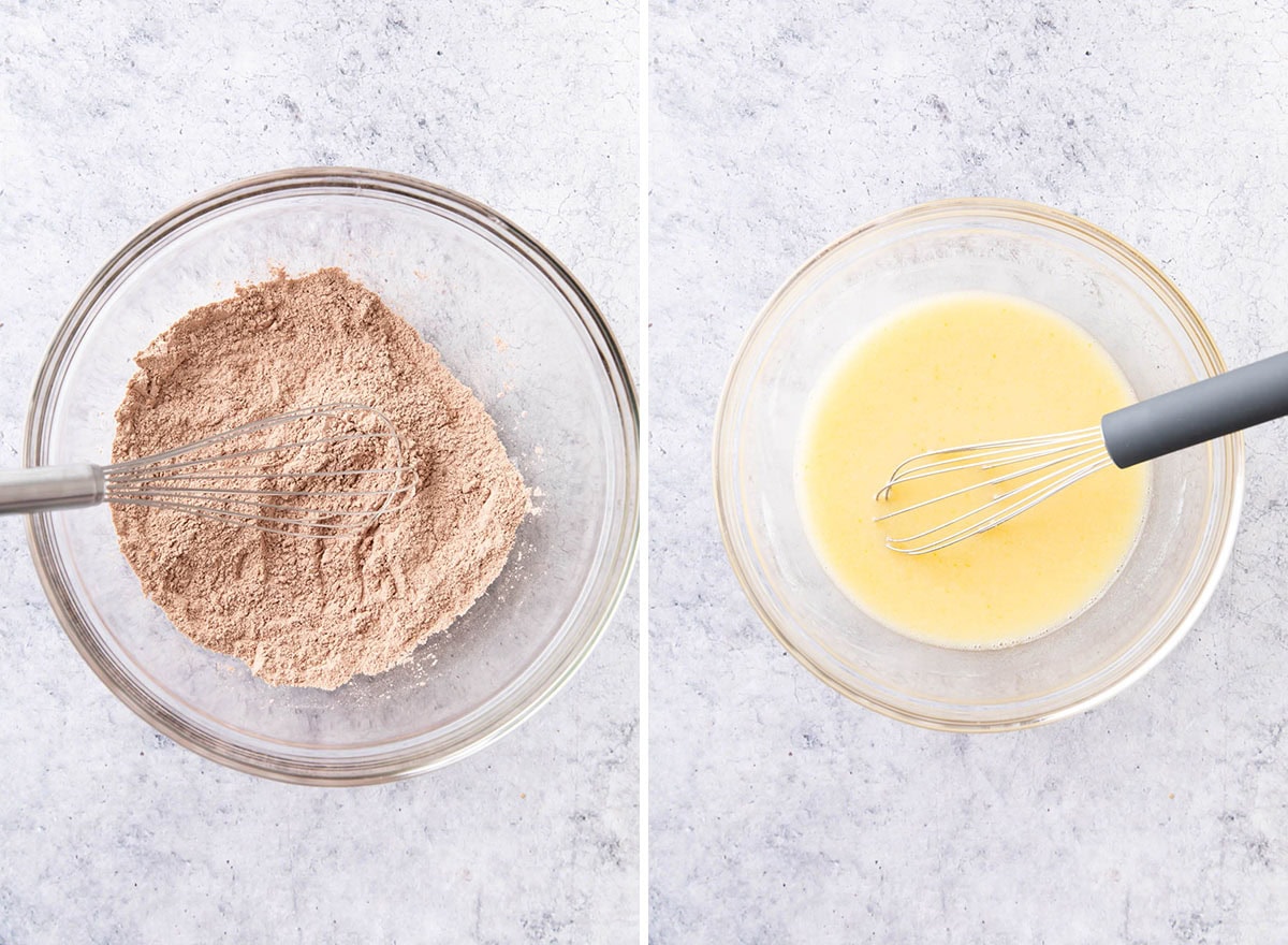 Two photos showing How to make Chocolate Cupcakes with Cream Cheese Frosting - stirring dry ingredients and wet ingredients in separate bowls.