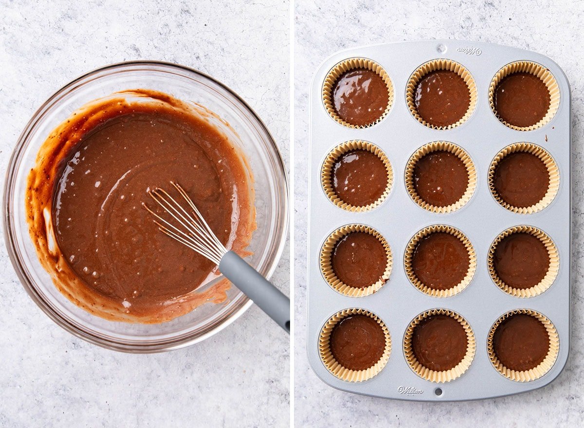 Two photos showing how to make chocolate cupcakes with cream cheese frosting - whisk in a bowl of cupcake batter and a lined cupcake pan filled with batter.