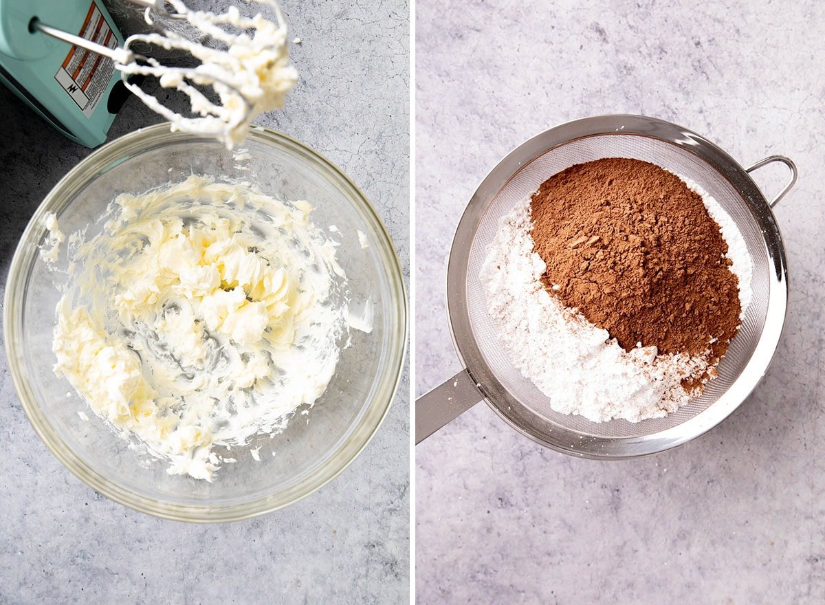 two photos showing How to Make Chocolate Frosting - beating the butter and sifting the cocoa powder with the confectioners sugar