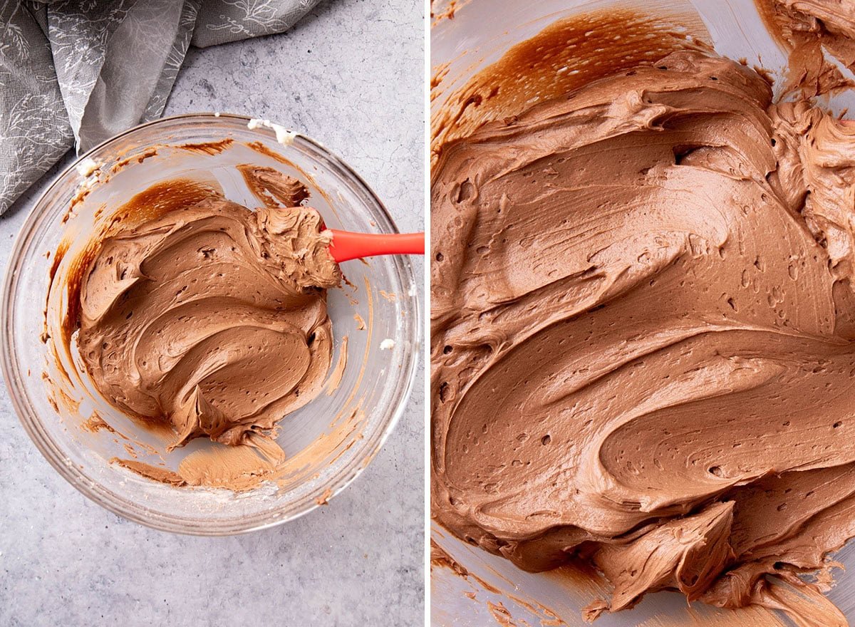 fully beaten easy chocolate frosting in a mixing bowl with a spatula