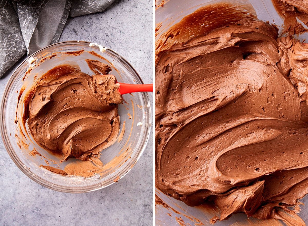Homemade chocolate frosting using cocoa powder is whipped until smooth and creamy, with not too sweet flavor