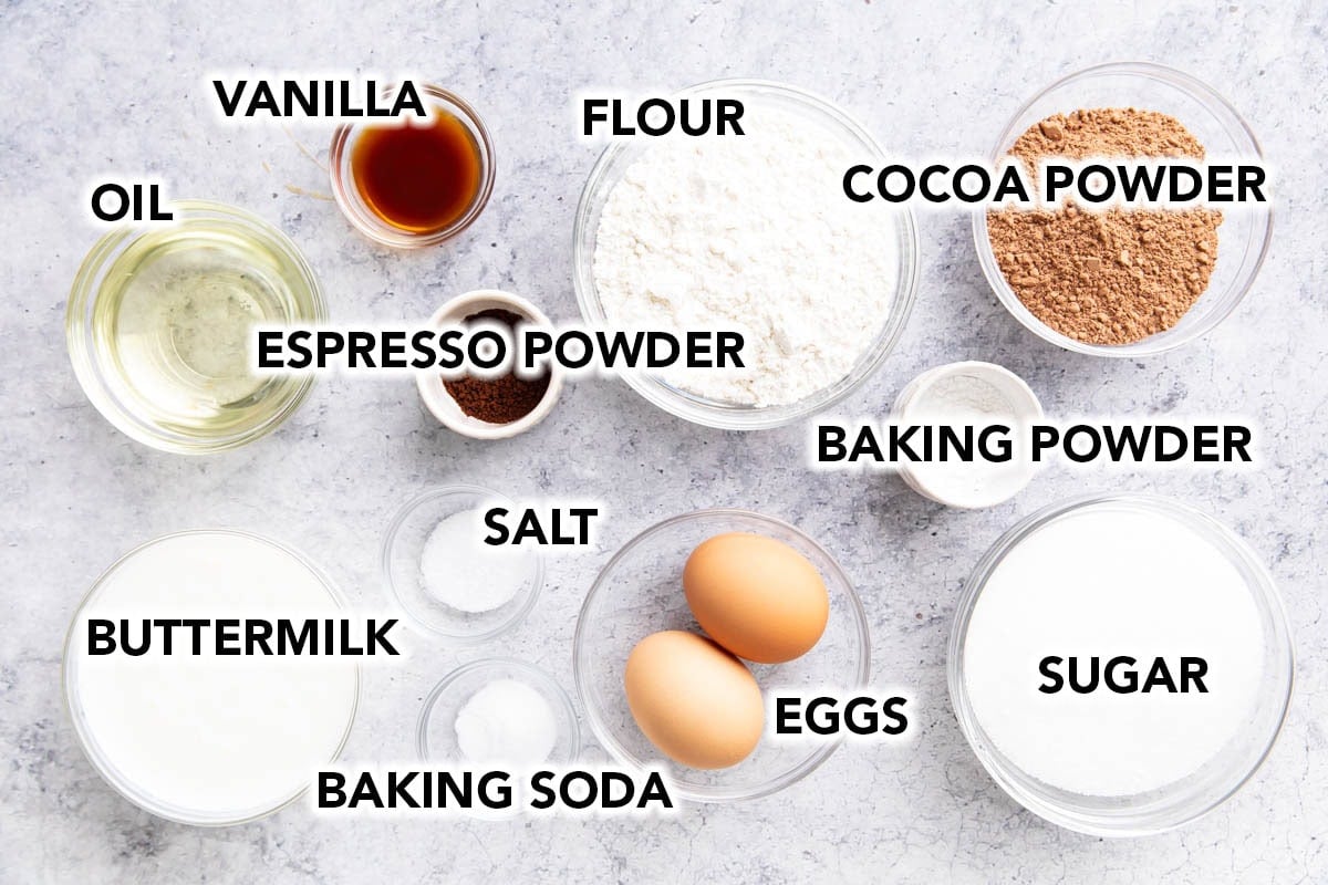 Chocolate cupcakes with cream cheese frosting ingredients - flour, cocoa powder, espresso powder, baking powder, baking soda, salt, vegetable oil, large eggs, sugar, vanilla extract, buttermilk.