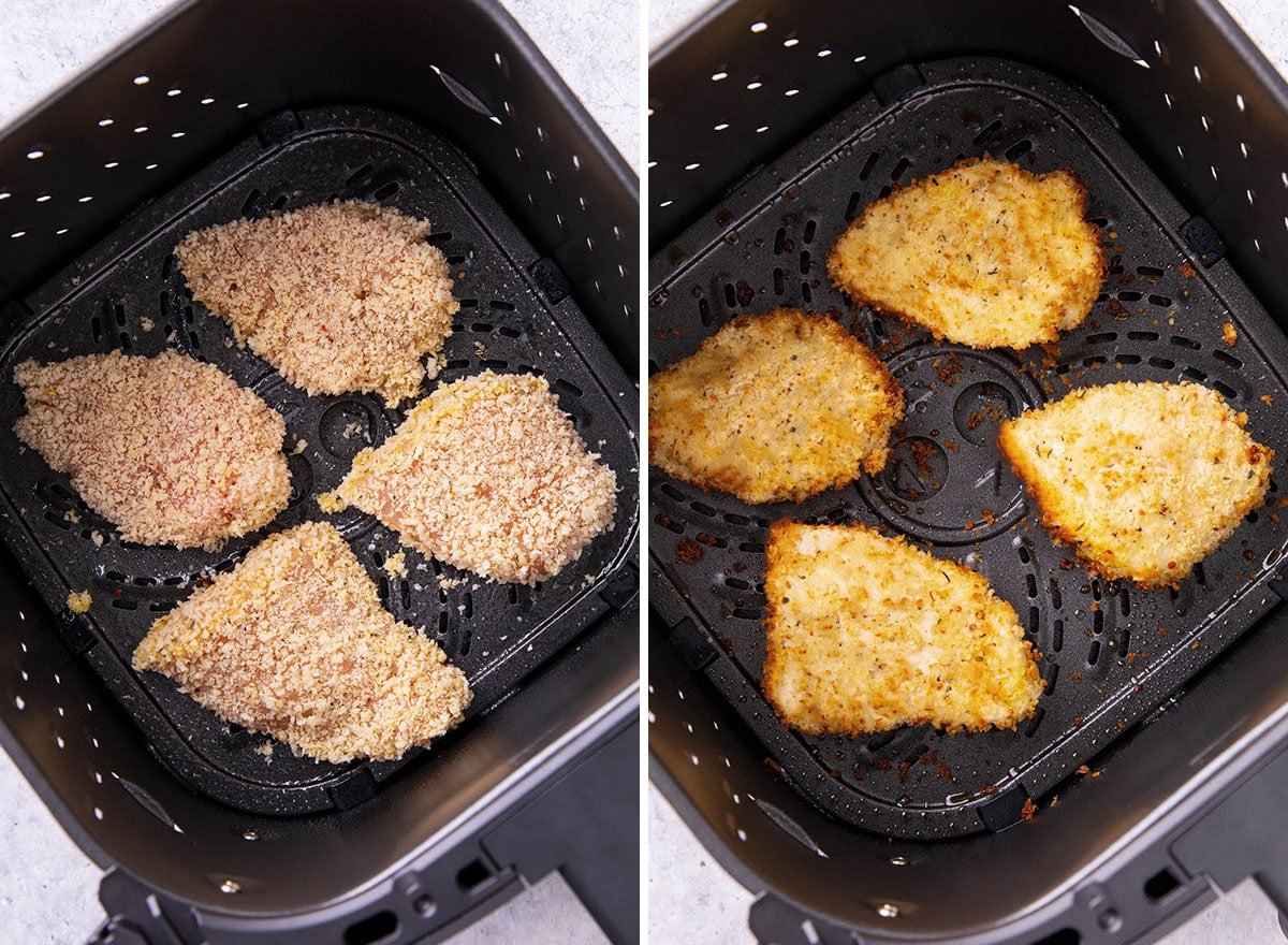 Two photos showing How to Cook Chicken Parmesan in Air Fryer - breaded raw chicken in air fryer basket and fully cooked, crispy golden chicken in basket