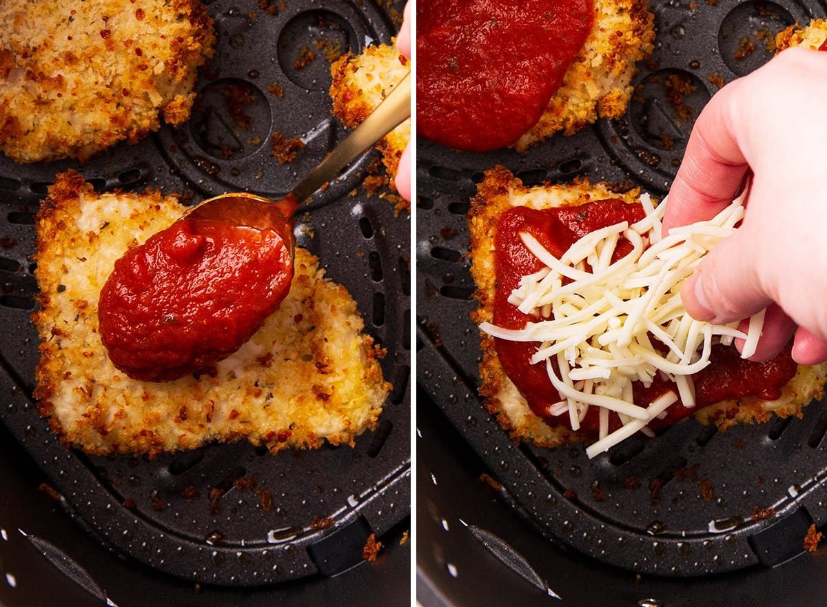 Spooning marinara on parmesan crusted chicken and sprinkling shredded mozzarella on top of marinara before baking
