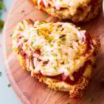 close up of air fryer chicken parmesan with melty mozzarella and loads of marinara on top