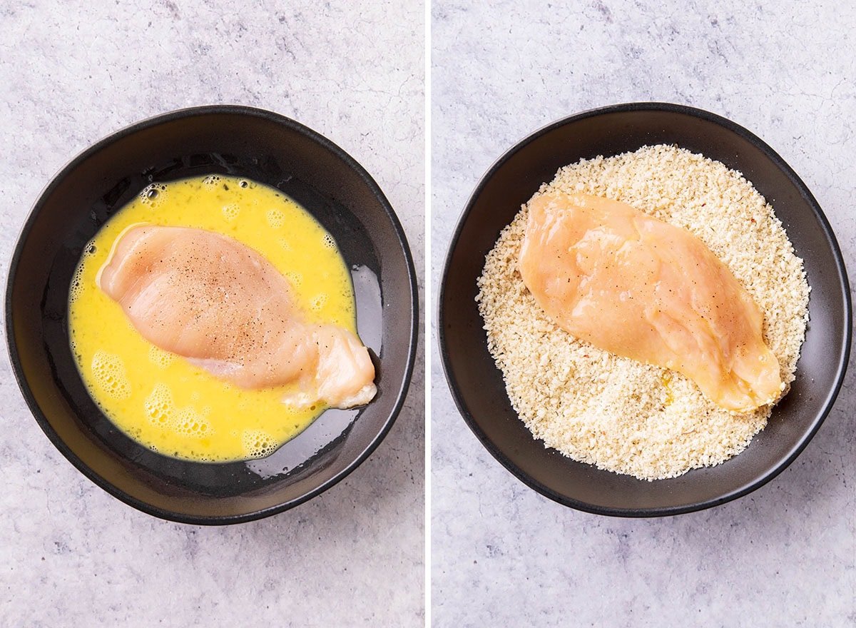 Two photos showing How to Make Chicken Parmesan in Air Fryer - dredging chicken breast in egg wash and coating in seasoned Panko breading