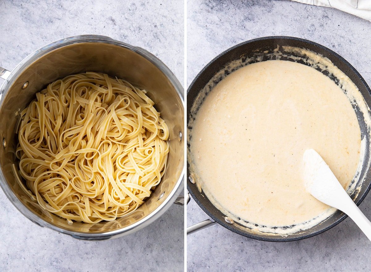 Two photos showing How to make Fettuccine Alfredo - cooked pasta in a pot and cooked sauce in a pan