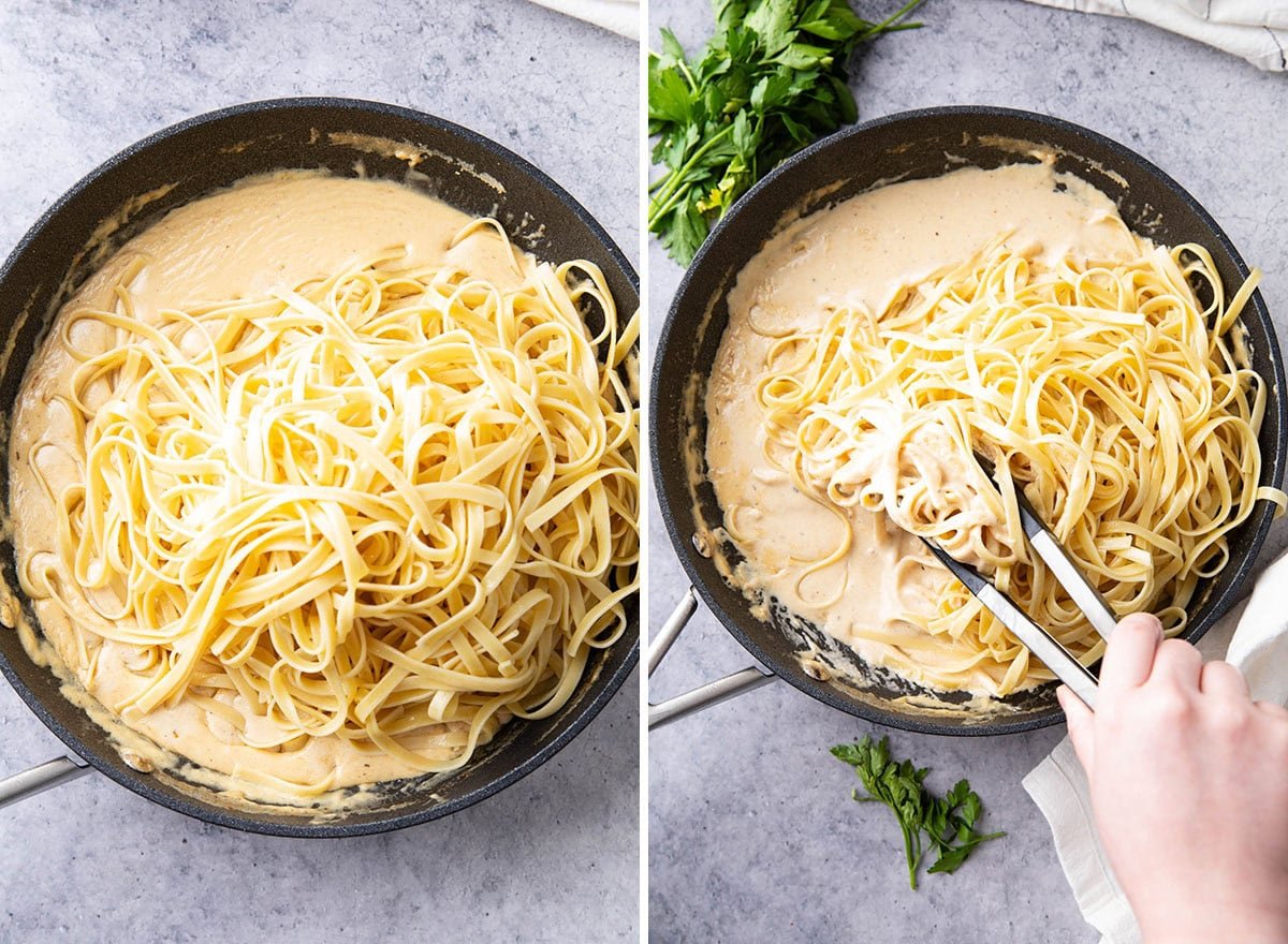 Two photos showing How to Make Fettuccine Alfredo - adding pasta to pan with Alfredo sauce and tossing to combine