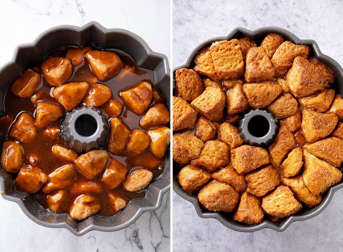 Two photos showing How to Make Monkey Bread with biscuits - Uncooked biscuit pieces fully submerged in brown sugar butter glaze in a bundt pan and fully baked in the same pan