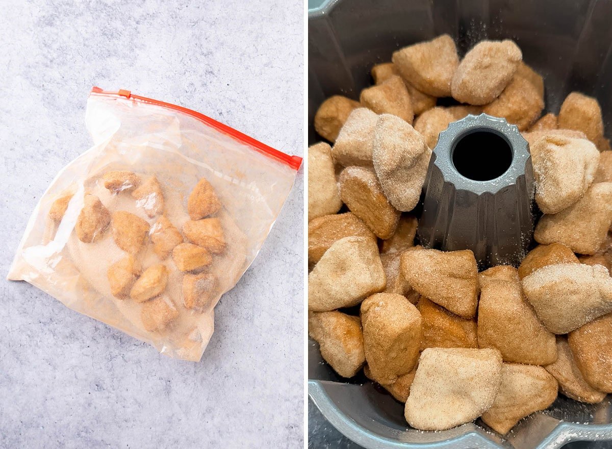 Two photos showing How to Make Monkey Bread - biscuit pieces coated in cinnamon sugar in a zip bag and transferred to a bundt pan in an even layer