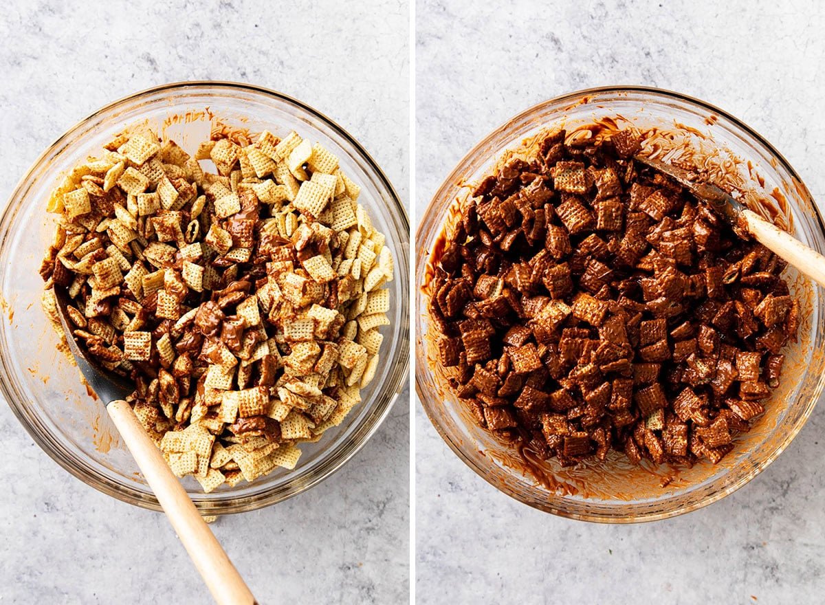 Two photos showing How to Make Muddy Buddies - stirring and folding Chex cereal to coat in melted chocolate and peanut butter mixture