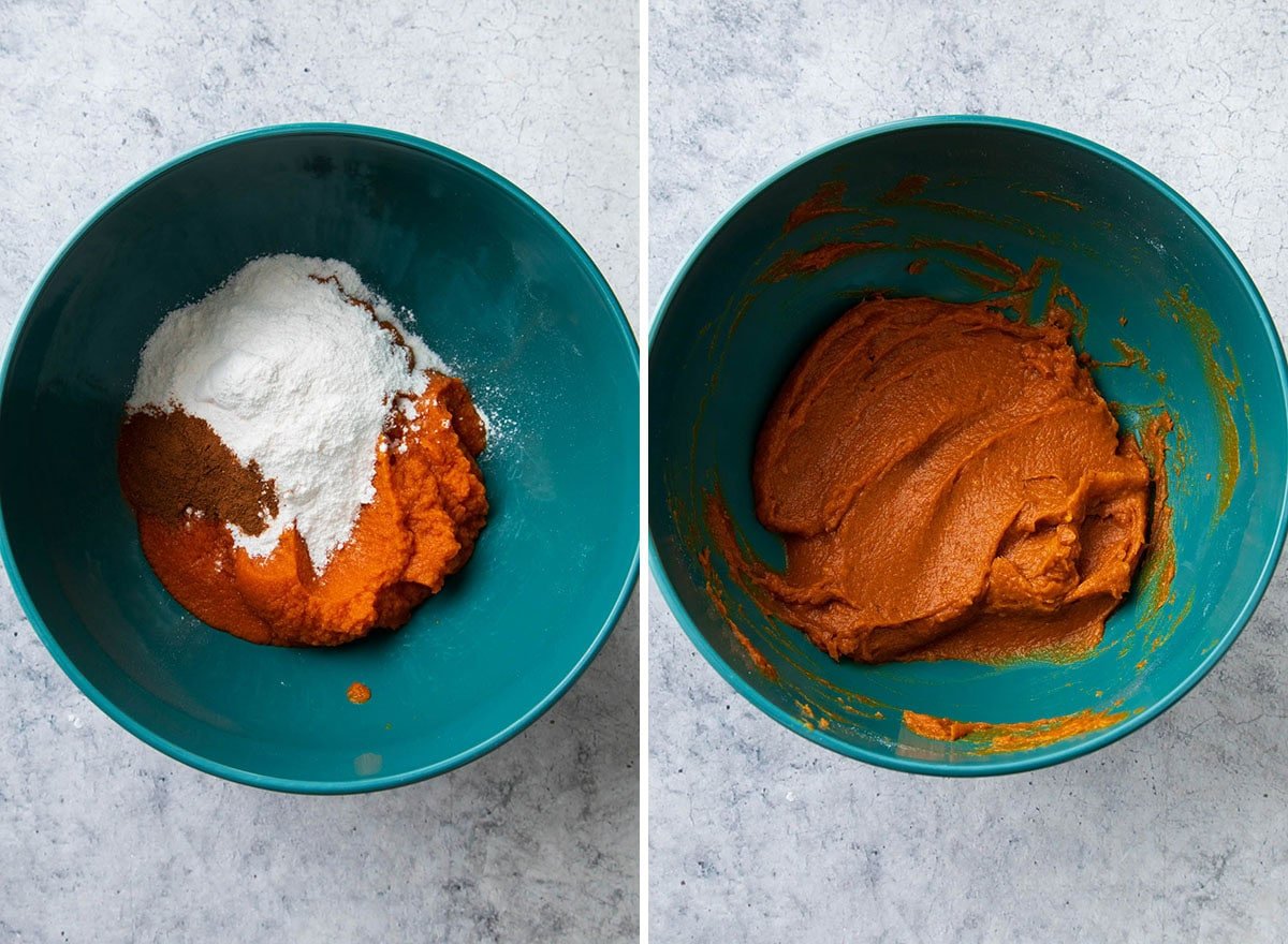 Two photos showing How to Make Pumpkin Fluff Dip - instant vanilla pudding mix, pumpkin puree and pumpkin pie spice in a large mixing bowl and stirred together into one mixture
