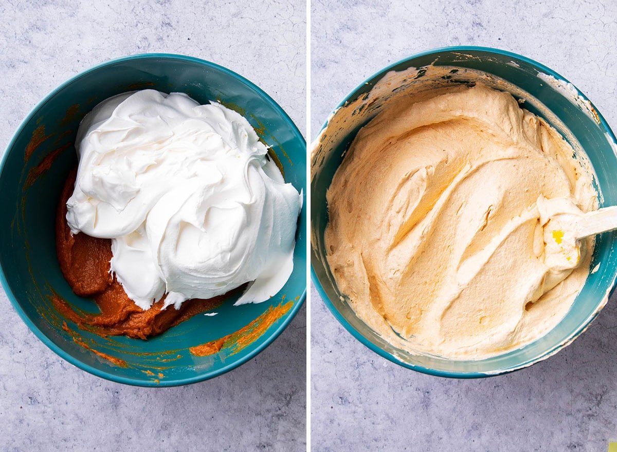 Two photos showing How to Make Pumpkin Fluff dip recipe - adding frozen whipped topping like Cool Whip and folding into a creamy dip