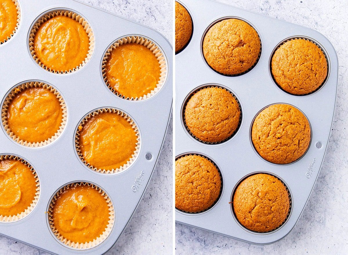 Two photos showing How to Make Pumpkin Cupcakes - batter divided into lined cupcake pan and baked