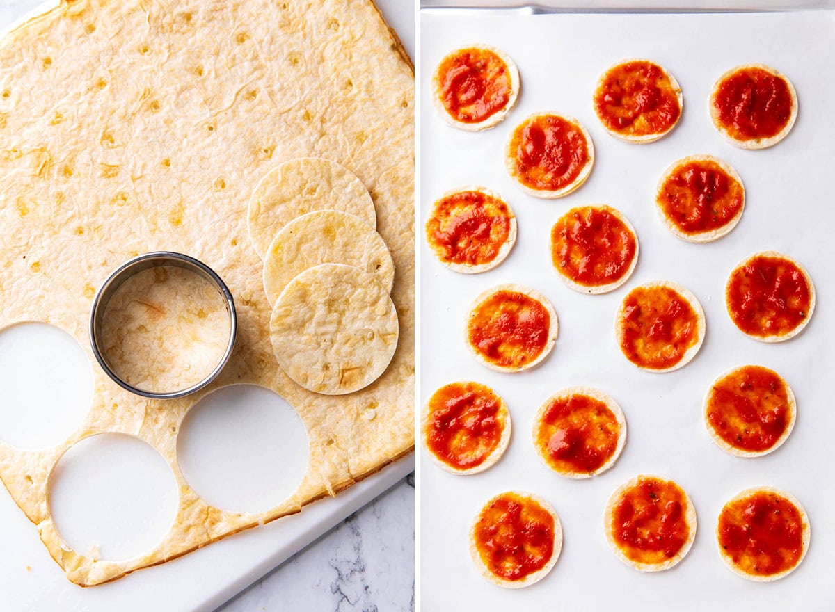 Two photos showing How to make Halloween Pizza - using a cookie cutter to cut out mini pizza crusts and pizza sauce spread over crusts