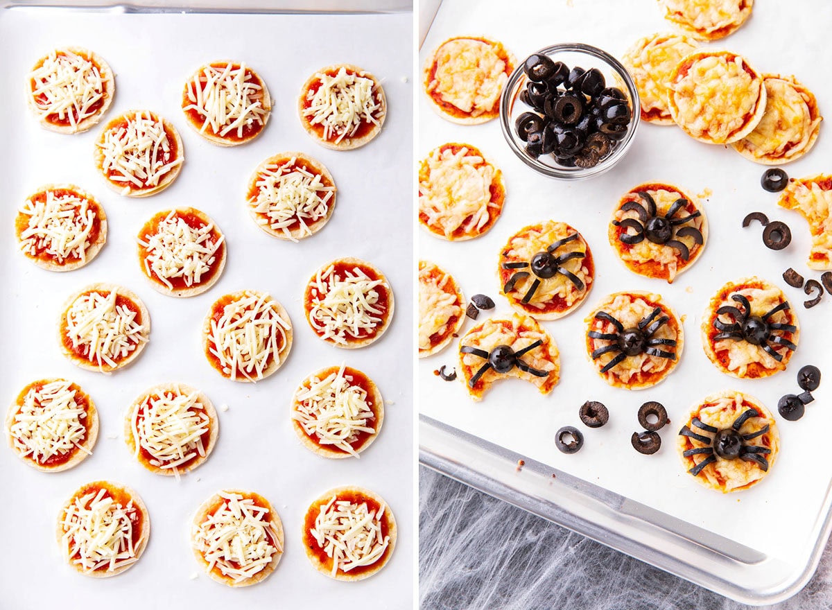 Two photos showing How to Make Halloween Pizza - cheese sprinkled over pizza sauce and baked mini spider pizzas topped with olives