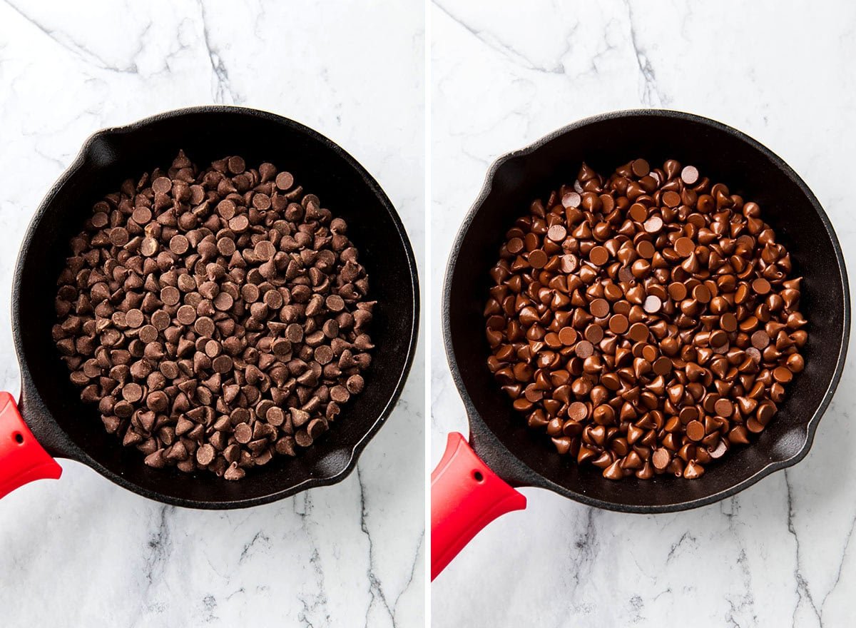 Two photos showing How to Make Halloween S'mores Dip - chocolate chips in a mini oven-safe skillet and melted after warming in oven.